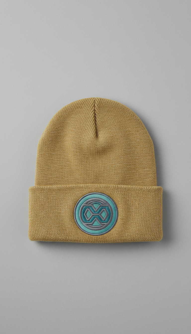 Muted gold beanie with statement logo
